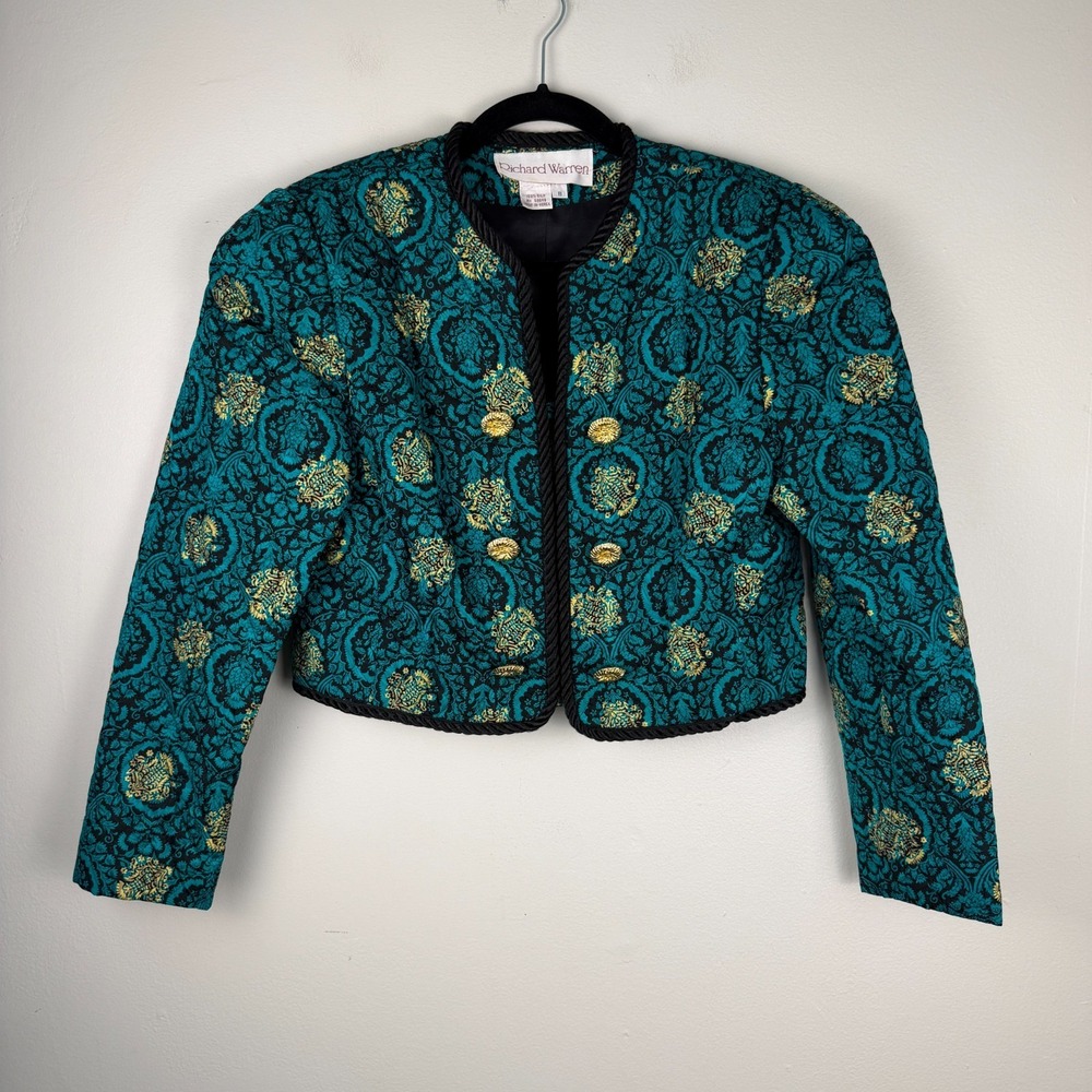 Vintage Richard Warren Cropped Jacket Women's 8 Teal Damask Silk Double Breasted
